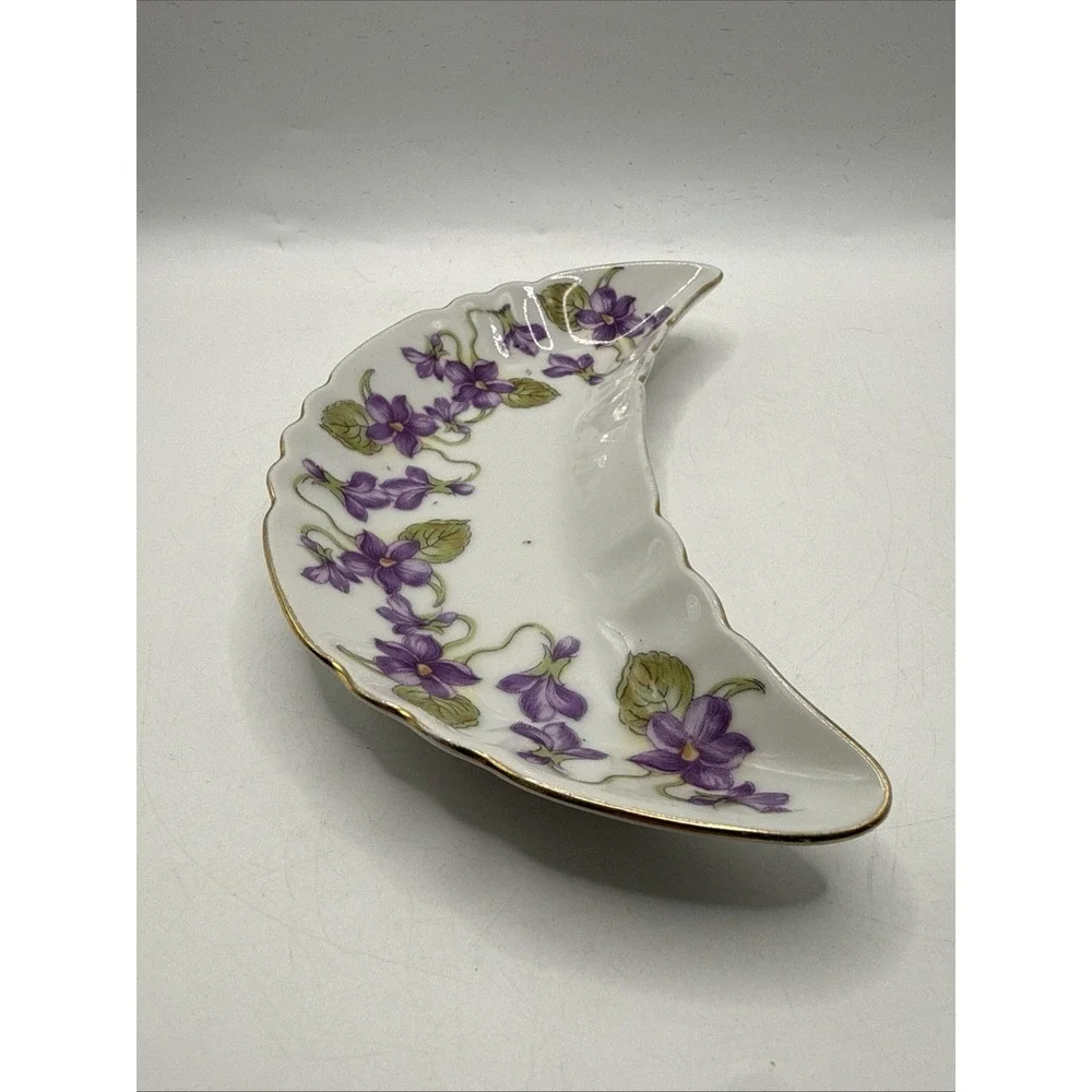 Vintage Crescent Moon Shape Trinket Dish, Purple Gold Floral Made in Germany